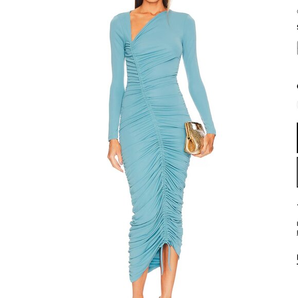 Michael Costello x Revolve Kylee Midi Dress XXS Blue Ruched Drawstring Stretch - Picture 1 of 7